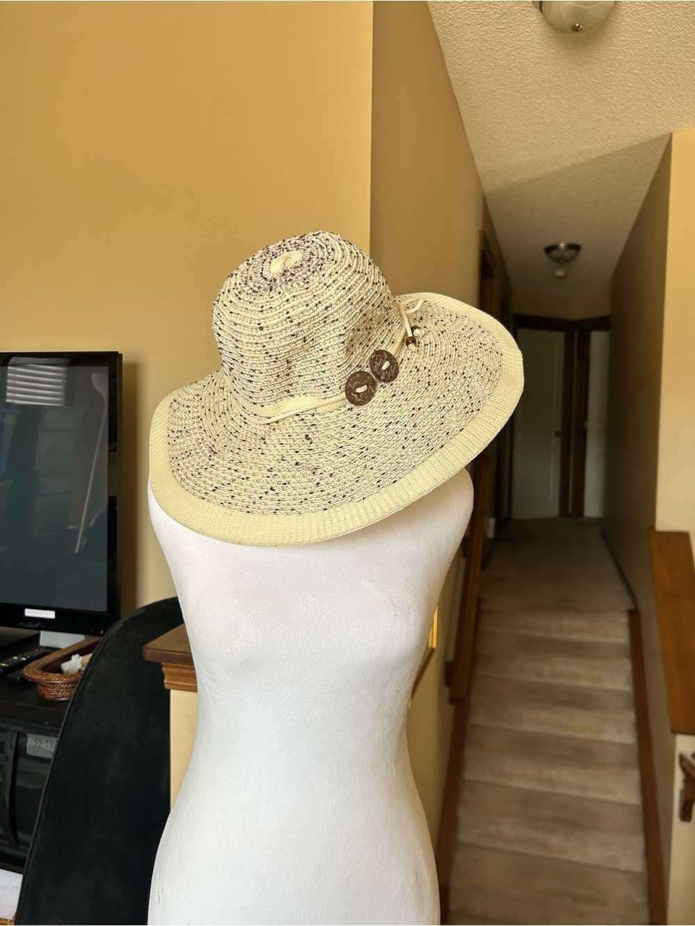 Wide Brim woven Sun Hat with Decorative Buttons - Beige